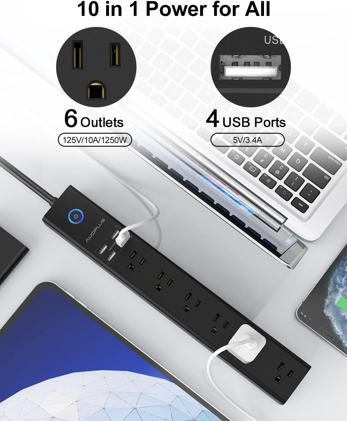 Regleta de enchufes con protección contra sobretensiones y USB