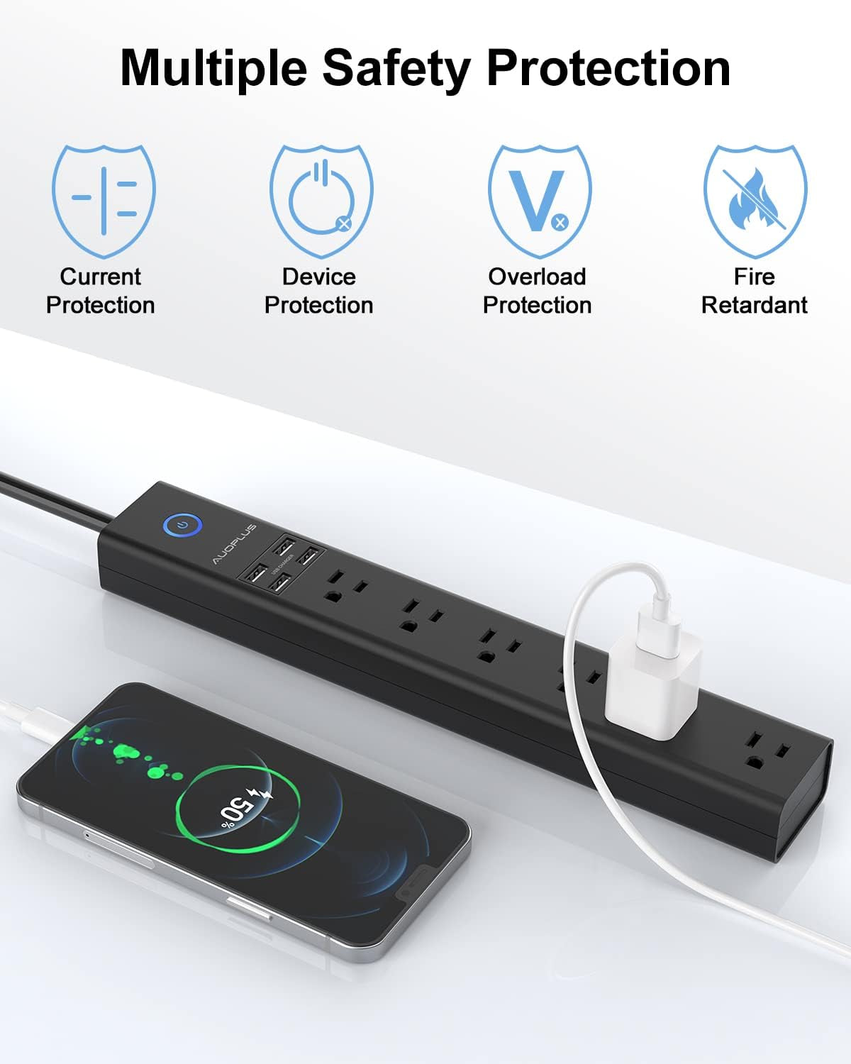 Regleta de enchufes con protección contra sobretensiones y USB